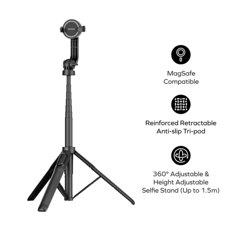 MOMAX 1-Snap Pole Magnetic Tripod Selfie Stick with Wireless Remote - Black