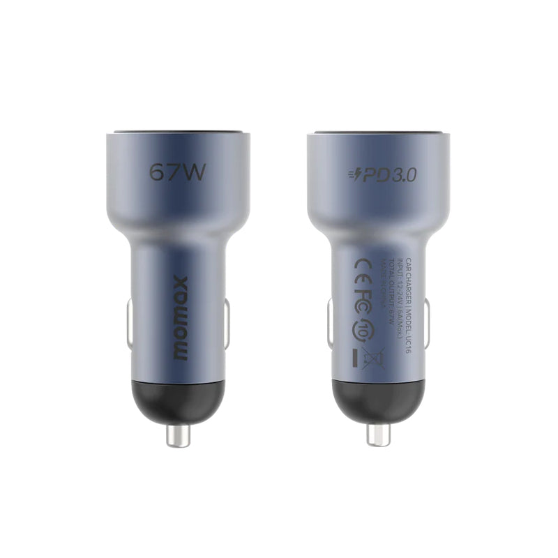 MOMAX MoVe Dual Port Car Charger - 67W / USB-A / USB-C / Space Gray