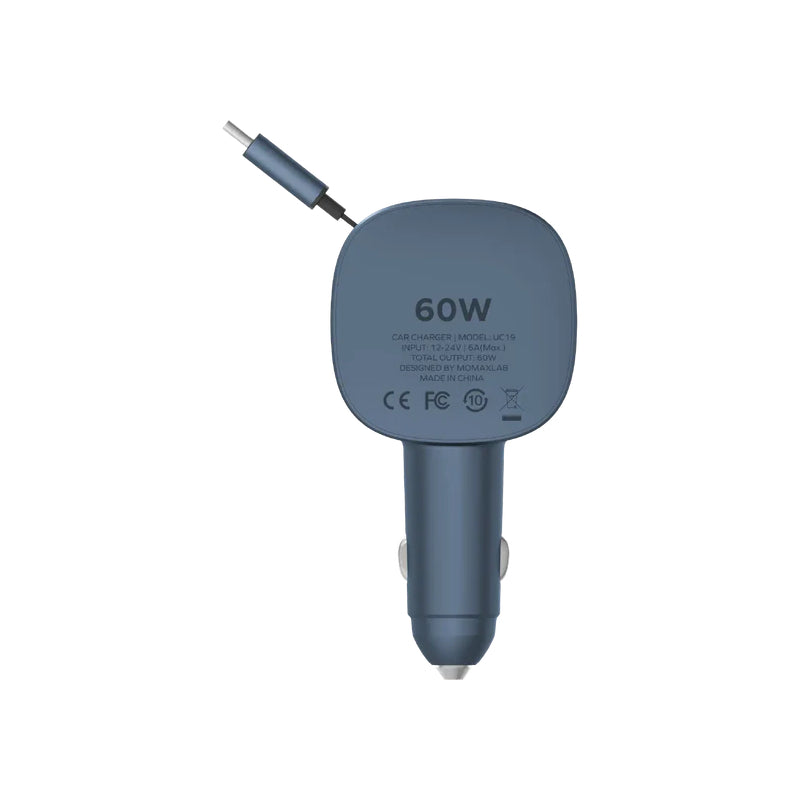 MOMAX 1-Move 2-Port Car Charger With Built-In Retractable Cable - 60W / USB-A / USB-C / Gray