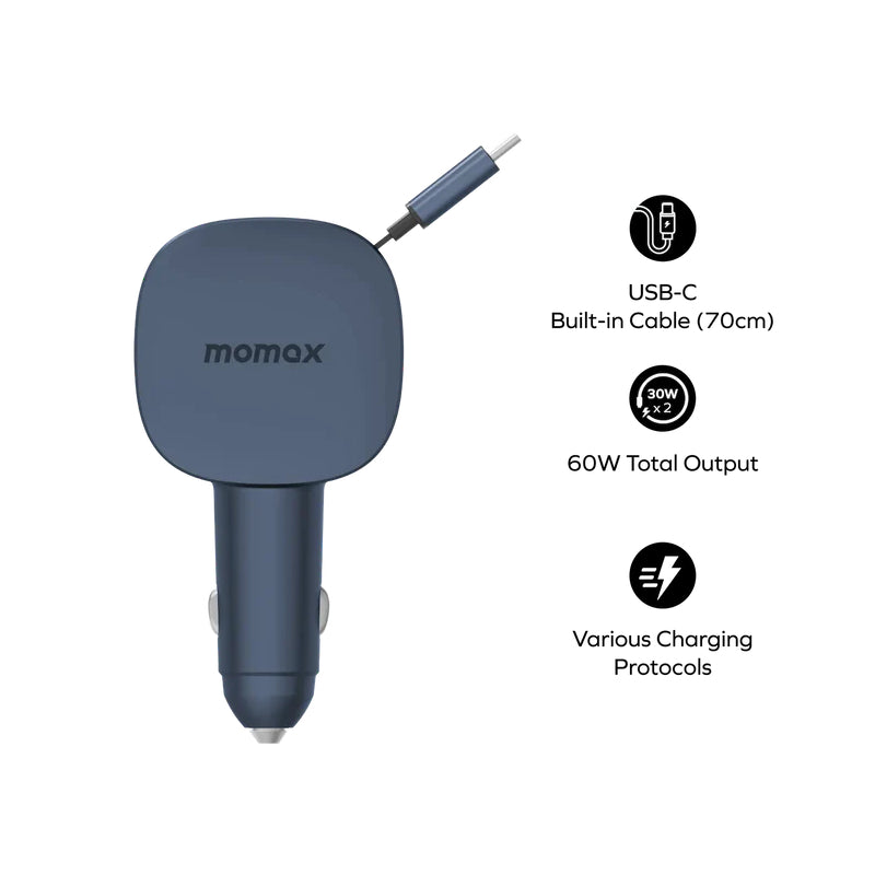 MOMAX 1-Move 2-Port Car Charger With Built-In Retractable Cable - 60W / USB-A / USB-C / Gray