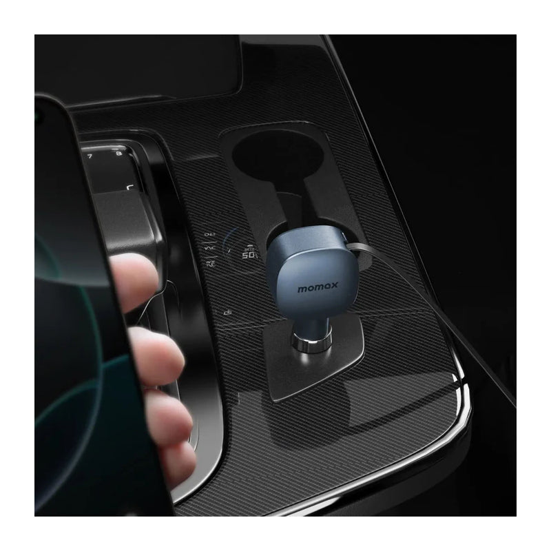 MOMAX 1-Move 2-Port Car Charger With Built-In Retractable Cable - 60W / USB-A / USB-C / Gray