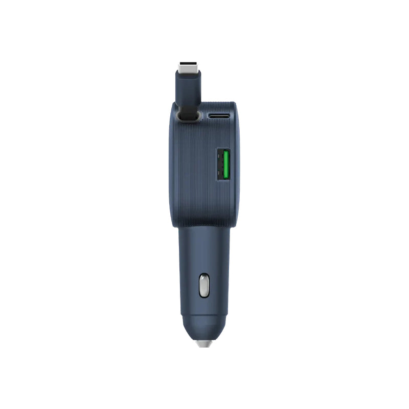 MOMAX 1-Move 2-Port Car Charger With Built-In Retractable Cable - 60W / USB-A / USB-C / Gray