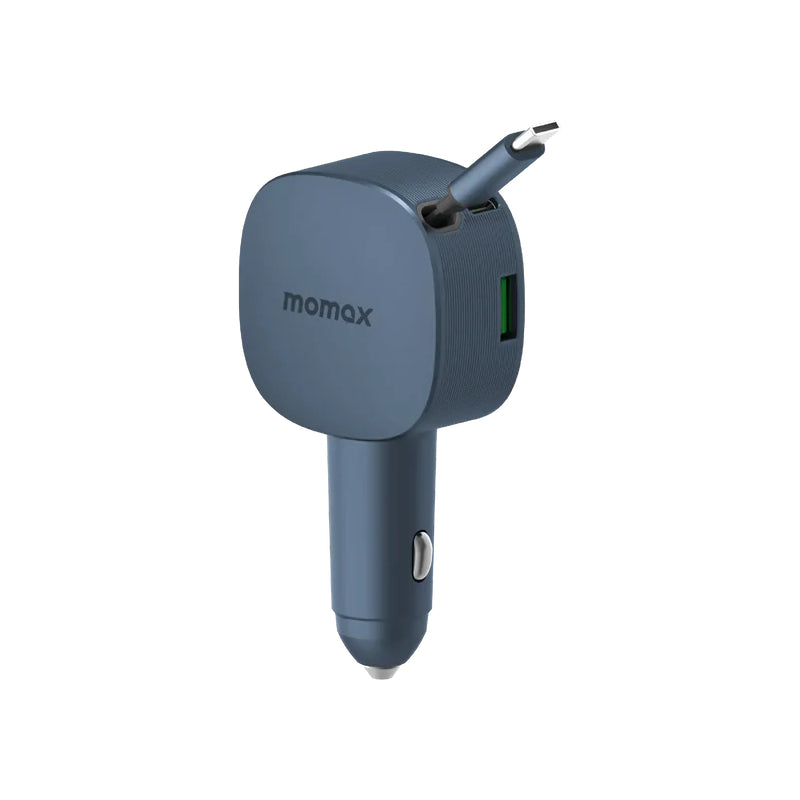 MOMAX 1-Move 2-Port Car Charger With Built-In Retractable Cable - 60W / USB-A / USB-C / Gray
