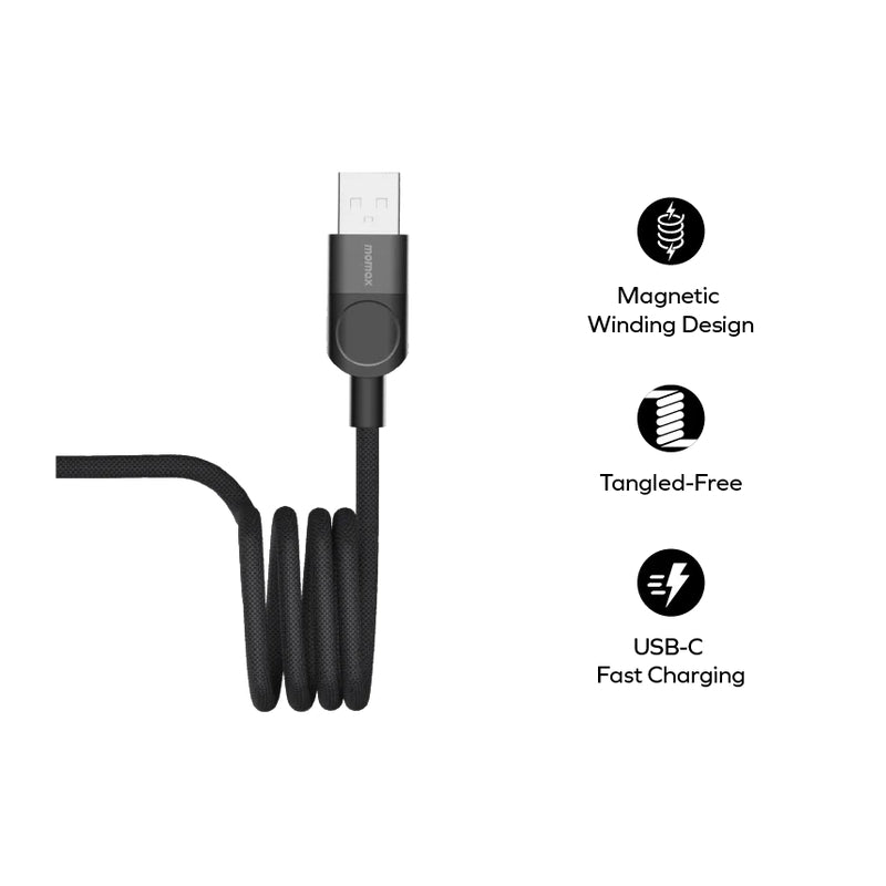 MOMAX Mag.Link Magnetic Cable - 66W / USB-A / USB-C / 1 Meter / Black