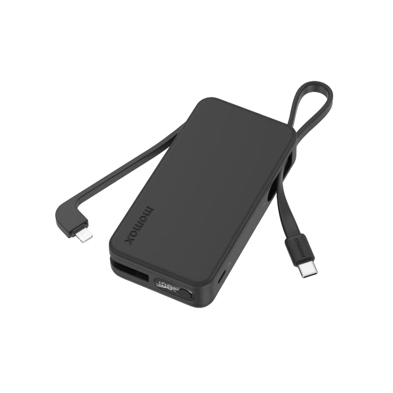 MOMAX 1-Power Vital+ Power Bank With Built-In Cable - 10000mAh / USB-C / Lightning / Black
