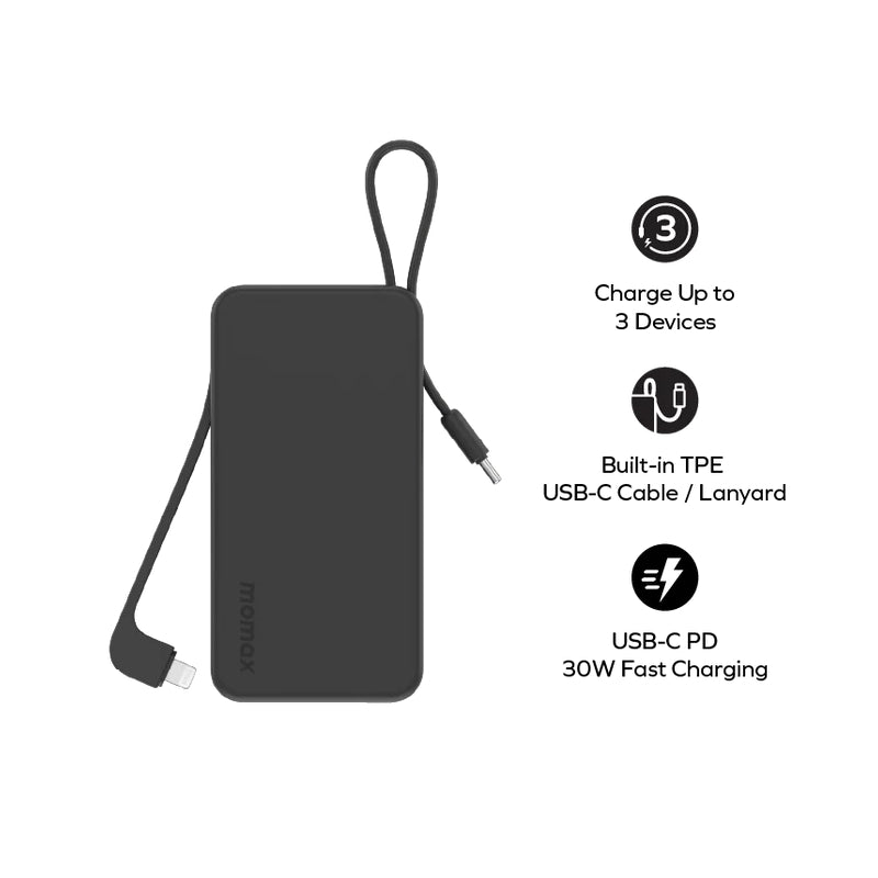 MOMAX 1-Power Vital+ Power Bank With Built-In Cable - 10000mAh / USB-C / Lightning / Black