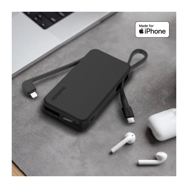 MOMAX 1-Power Vital+ Power Bank With Built-In Cable - 10000mAh / USB-C / Lightning / Black
