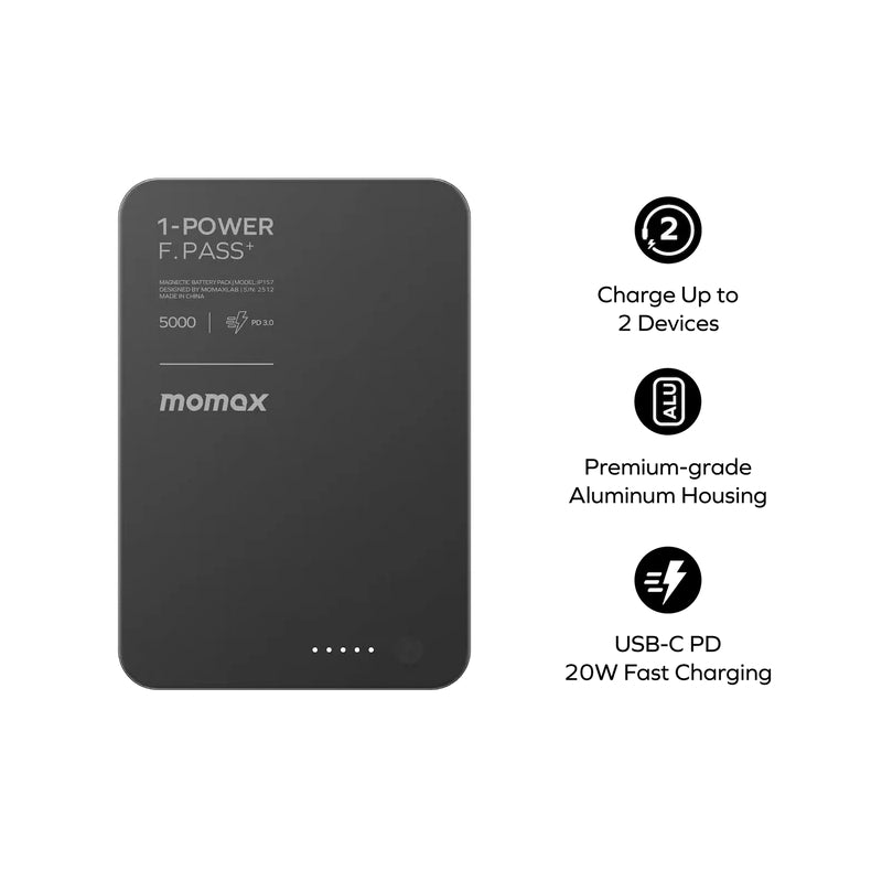 MOMAX 1-Power F.Pass Magnetic Power Bank with Built-in Cable - 5000mAh / USB-C / Black