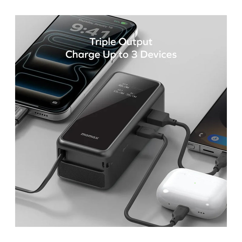 MOMAX 1-Pac 3-in-1 Hybrid GaN Power Bank with Built-In Retractable Cable - 10000mAh / USB-A / USB-C / Black