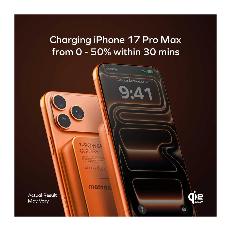 MOMAX 1-Power Q.Pass Qi2 Magnetic Wireless Power Bank - 10000mAh / USB-C / Solar Orange