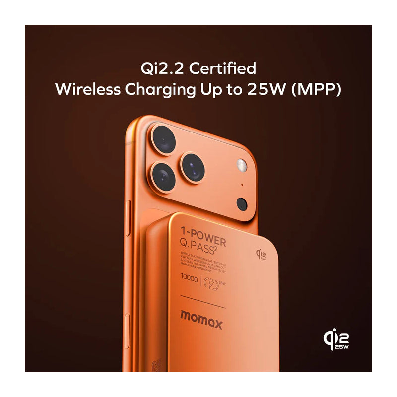 MOMAX 1-Power Q.Pass Qi2 Magnetic Wireless Power Bank - 10000mAh / USB-C / Solar Orange
