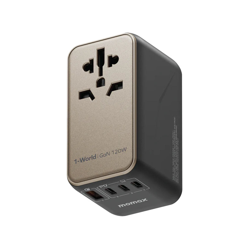 MOMAX Universal 4-Port Travel GaN Charger with USB-C Cable - 120W / USB-A / USB-C / Titanium