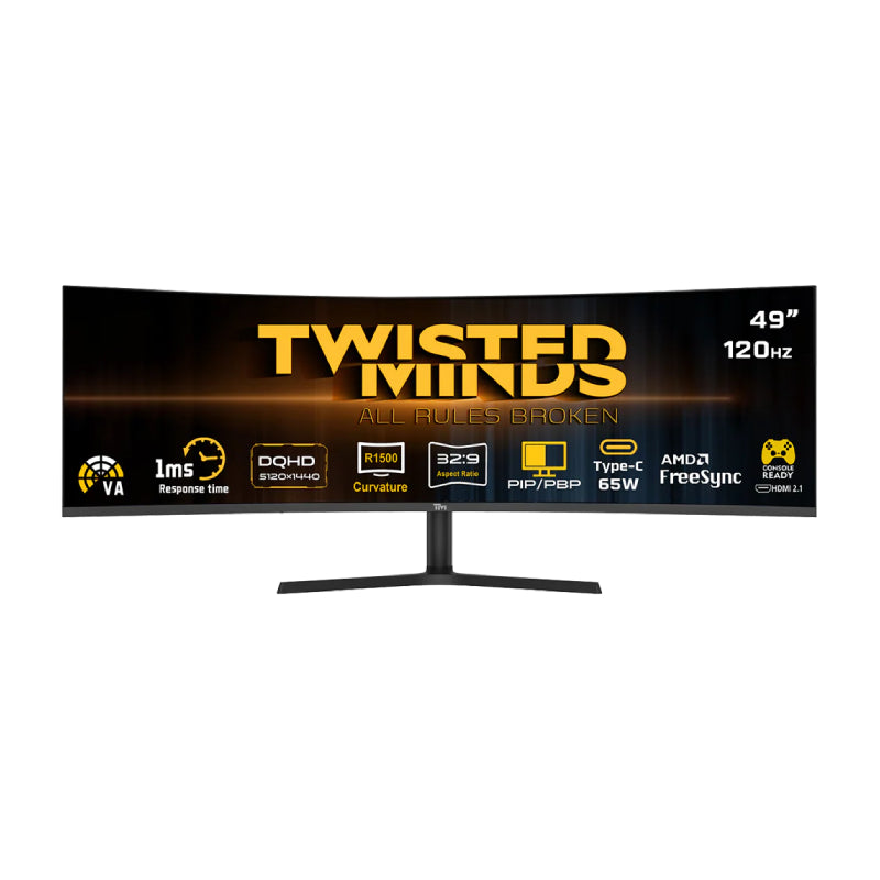 Twisted Minds Eclipse Pro Series - 49” WQHD / 1ms / 120Hz / Display Port / HDMI / USB-C / USB-A / Audio Out - Gaming Monitor