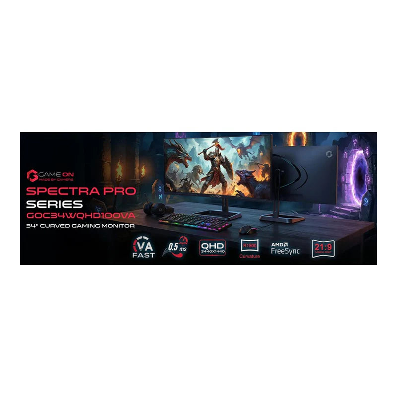 GameOn GOC34WQHD100VA Spectra Pro Series Gaming Monitor - 34" WQHD / 100Hz / 0.5ms / DisplayPort / HDMI / Audio Out - Black