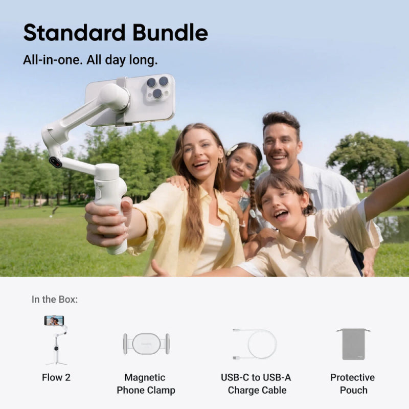 Insta360 Flow 2 AI Tracker Kit Gimbal Stabilizer Bundle - Bluetooth / USB-C / 1100mAh / Summit White