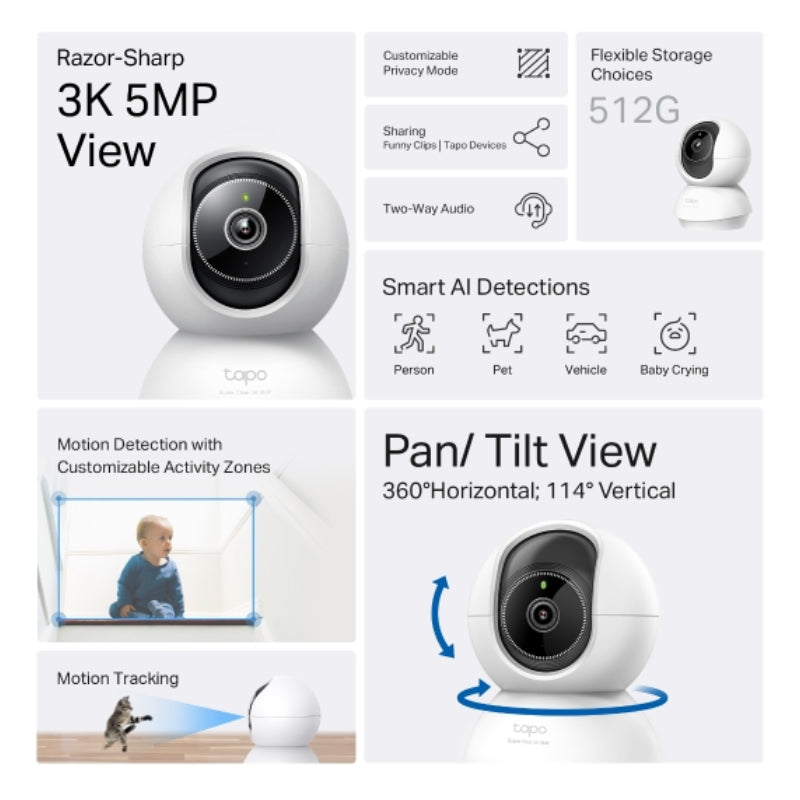 TP-Link (Tapo C230) Pan/Tilt AI Home Security Wi-Fi Camera - H.264 / 2880 x 1620 / 2.4 GHz - White