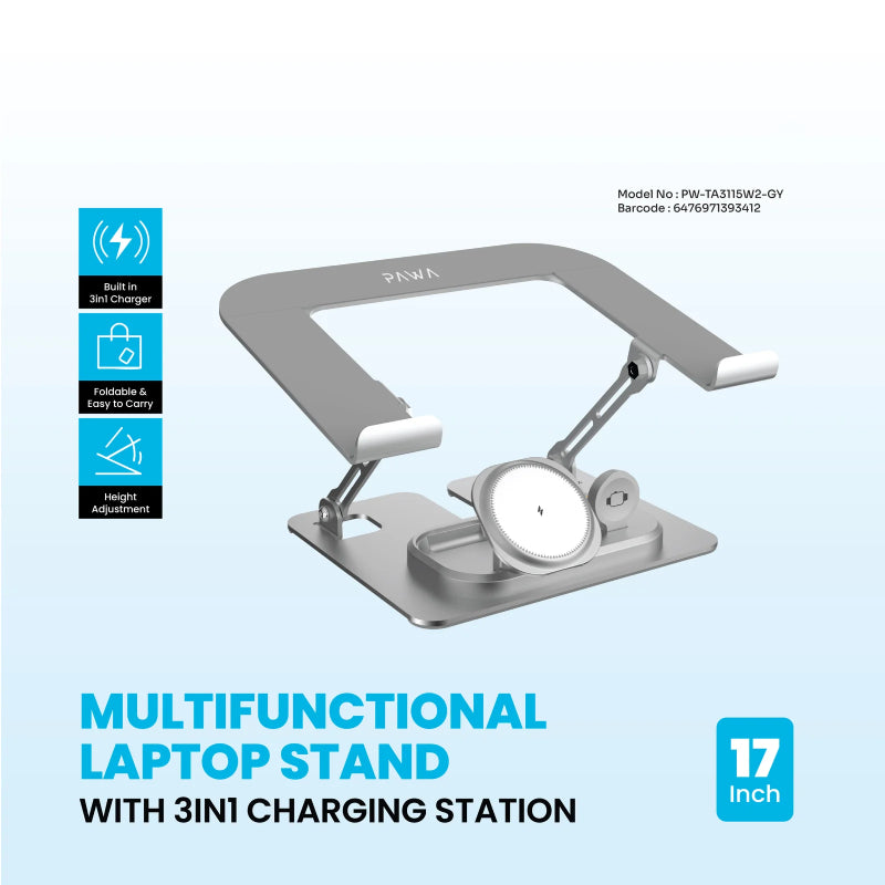 Pawa Multifunctional Laptop Stand With 3-IN-1 Charging Station - Grey