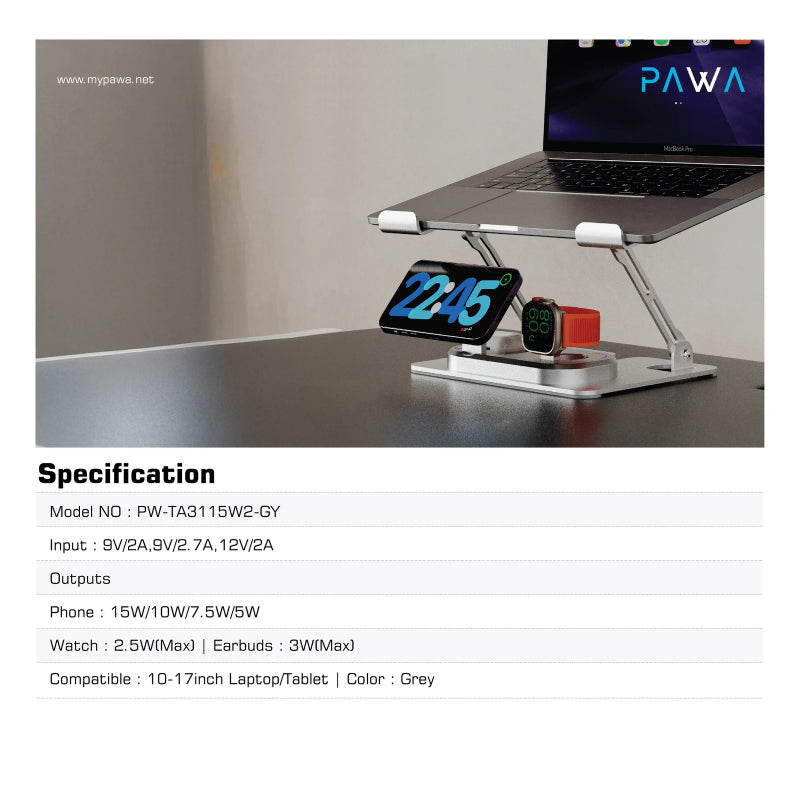 Pawa Multifunctional Laptop Stand With 3-IN-1 Charging Station - Grey