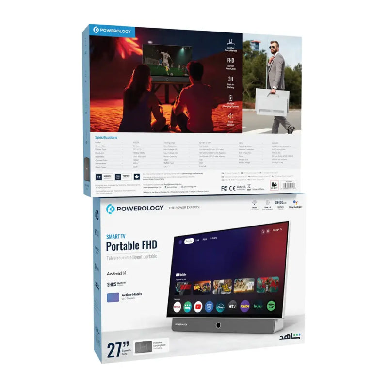 Powerology Portable Smart TV - 27"FHD / 60Hz / 1 GB RAM / 8GB Flash Memory / 38400mAh Battery / White Color
