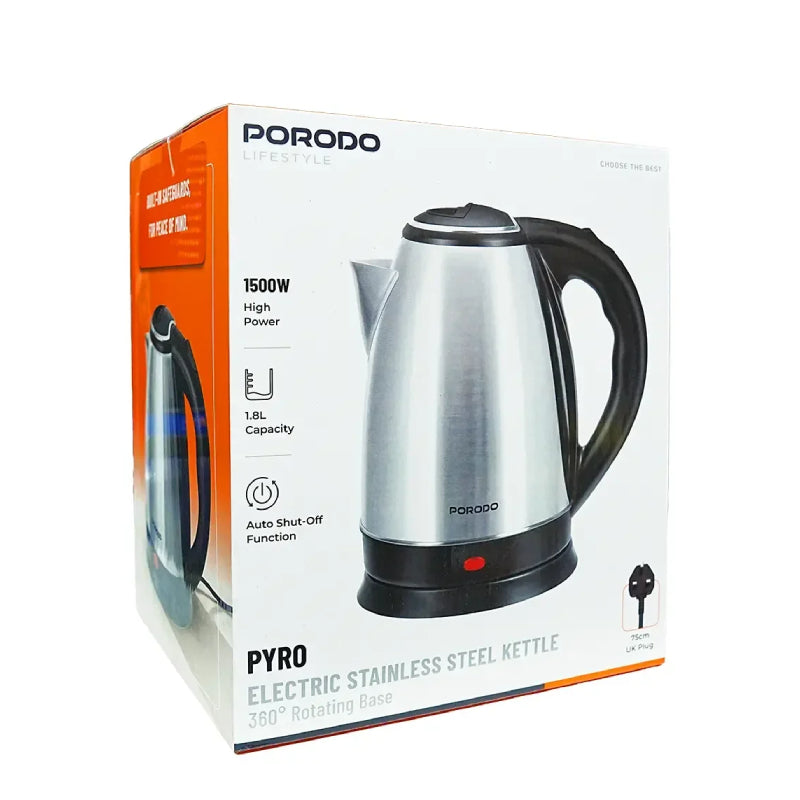 Porodo PYRO Electric Stainless Steel Kettle - 1500W / 1.8L / 0.75 Meter / Silver