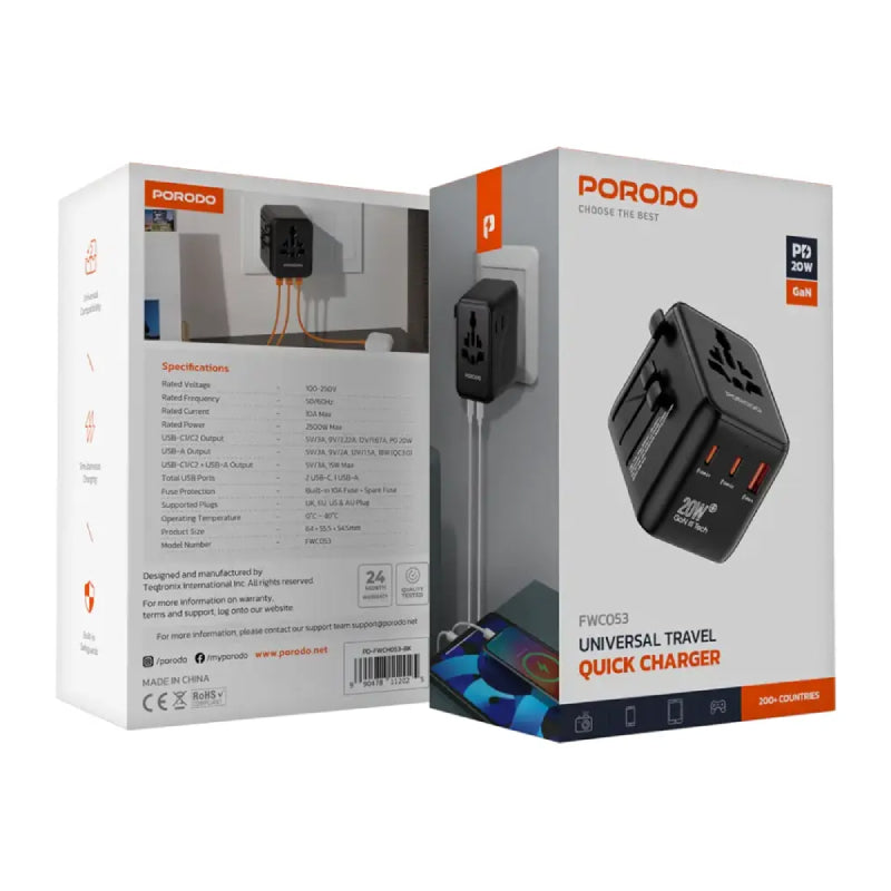 Porodo Universal Travel GaN Quick Charger - USB-C / USB-A / Black