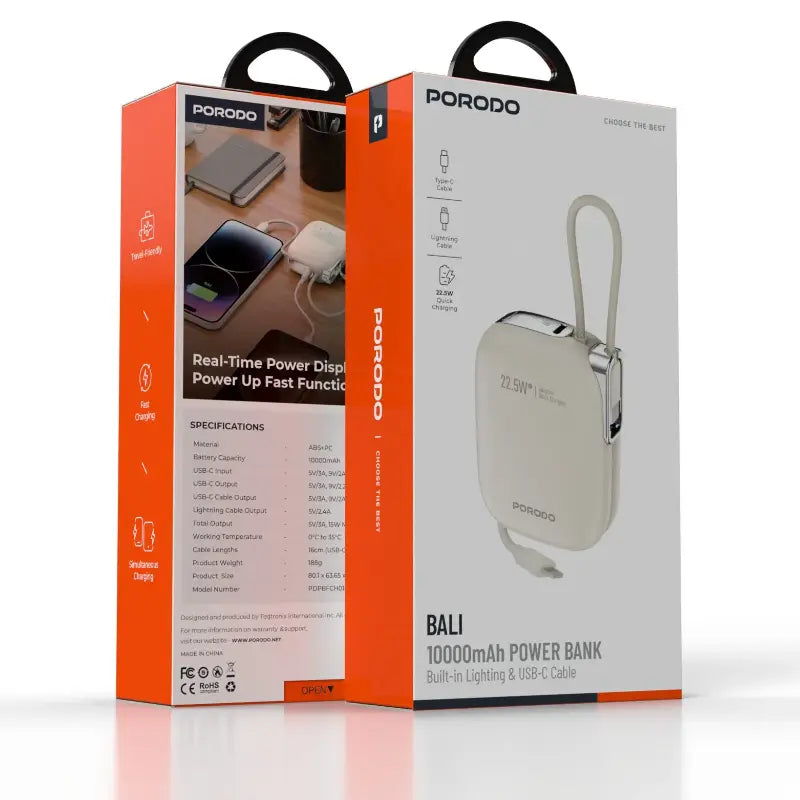 Porodo Bali Power Bank Built-in Lighting & USB-C Cable - 10000mAh / 22.5W / USB-C / Beige