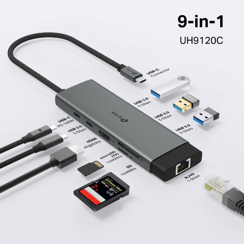 TP-Link (UH9120C) USB Type-C 9 in 1 Hub - HDMI / USB-C / USB 3.0 / Micro SD / SD / RJ45