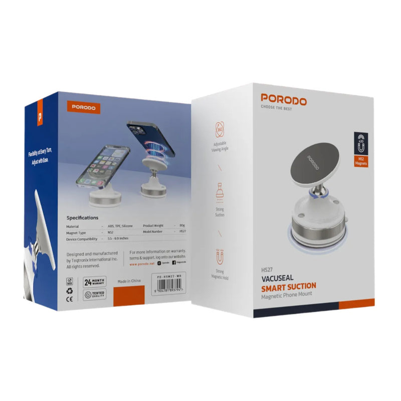 Porodo 360° Rotatable Adjustable Magnetic Vacuum Suction Holder - White