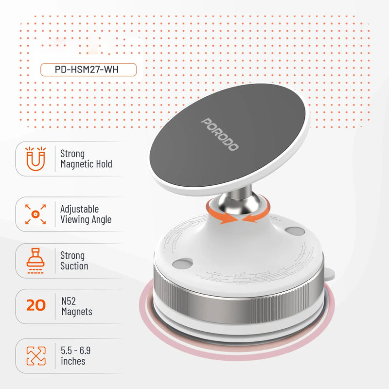 Porodo 360° Rotatable Adjustable Magnetic Vacuum Suction Holder - White