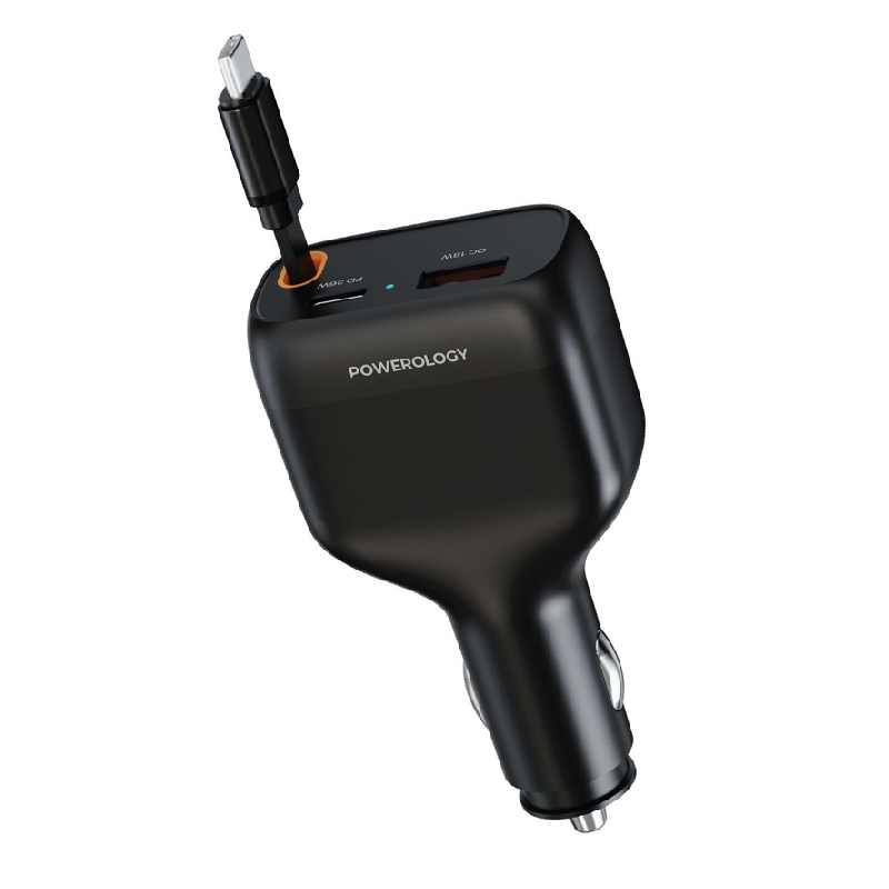 Powerology Car Charger With Type C Retractable Cable - 81W / USB-A / USB-C / Black