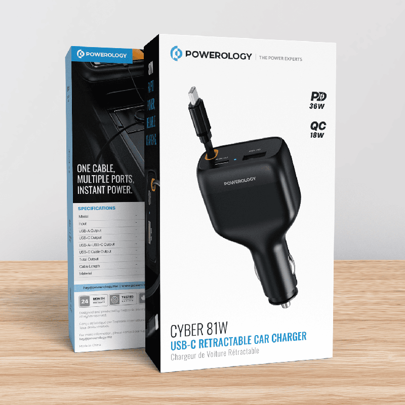 Powerology Car Charger With Type C Retractable Cable - 81W / USB-A / USB-C / Black