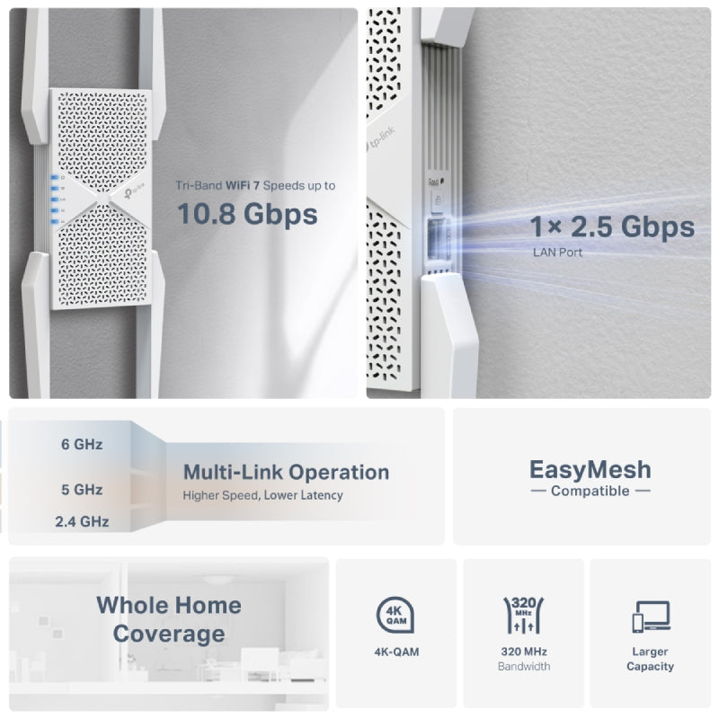 TP-Link BE11000 Tri-Band Wi-Fi 7 Range Extender - 23.5W / 1 x RJ-45