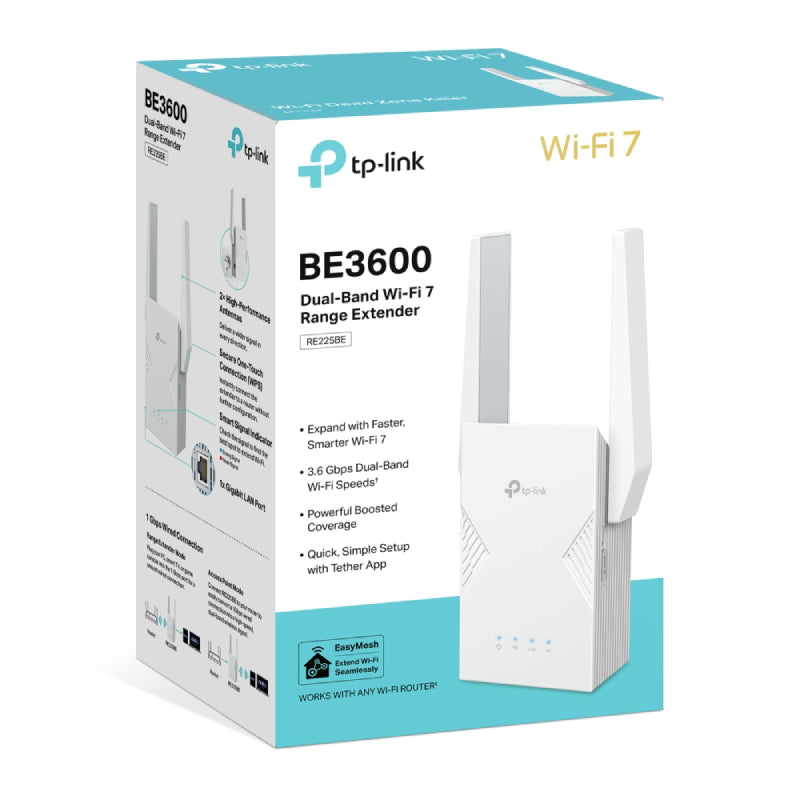 TP-Link RE225BE BE3600 Dual-Band Wi-Fi 7 Range Extender - 5 GHz, 2.4 GHz / 1x Ethernet Port