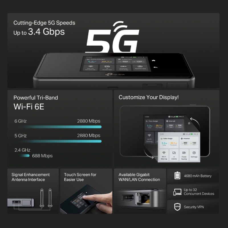 TP-Link M8550 5G Mobile Wi-Fi Router - 5G / 4680mAh / Black