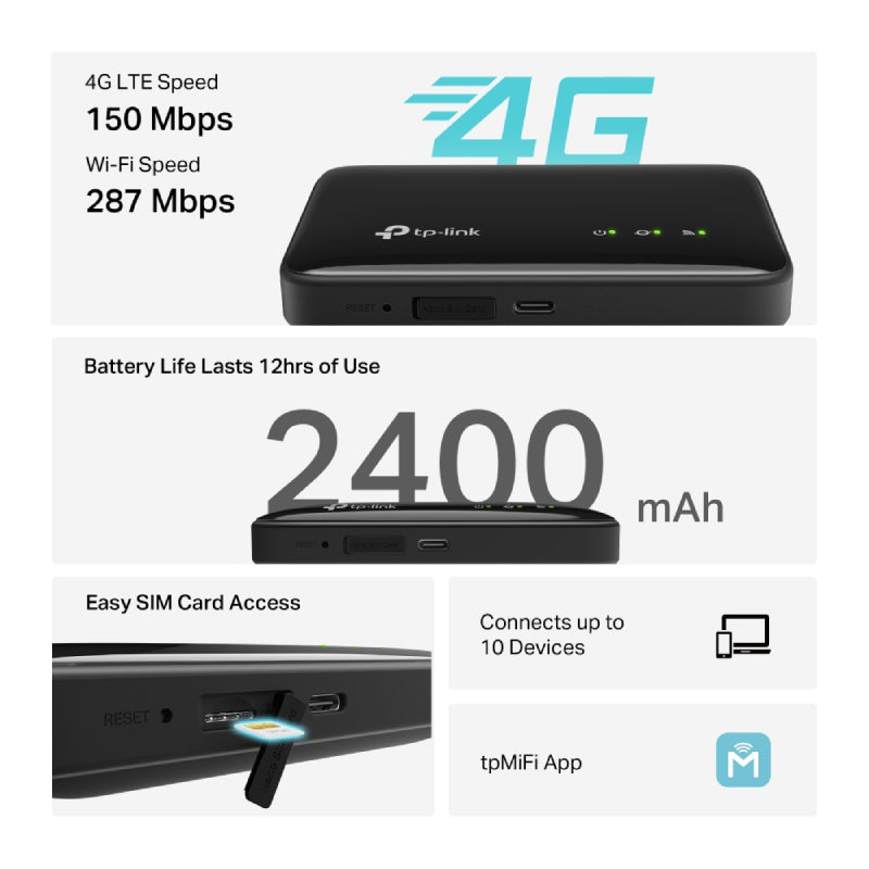 TP-Link M7005 4G LTE Mobile Wi-Fi Router - 2.4GHz / Black