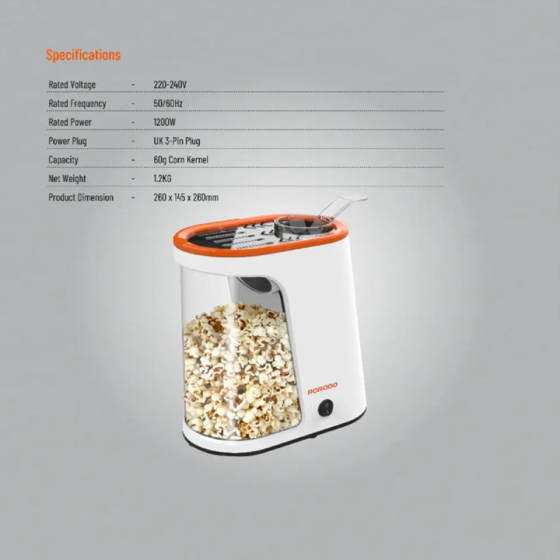 Porodo Lifestyle Air-Popped Popcorn Maker - 1200W / White/Orange
