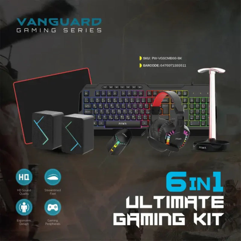 Pawa 6-in-1 Ultimate Gaming Kit (Keyboard, Mouse, Headset, Speakers, Mouse Pad & Headphone Stand) - Black