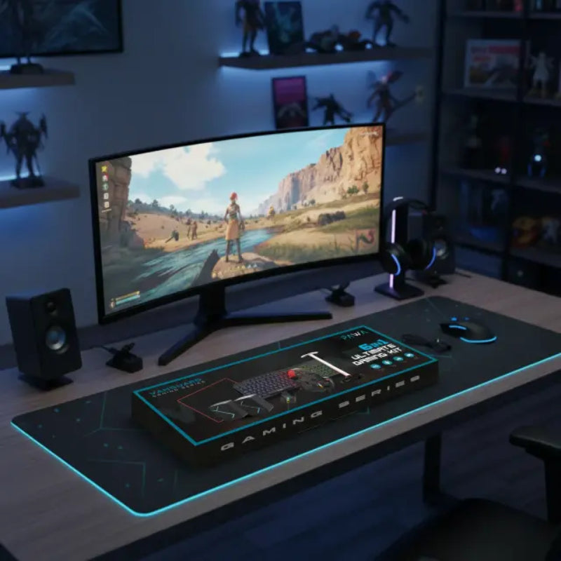 Pawa 6-in-1 Ultimate Gaming Kit (Keyboard, Mouse, Headset, Speakers, Mouse Pad & Headphone Stand) - Black