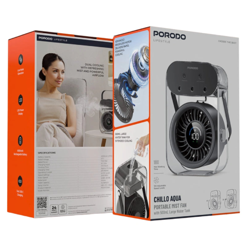Porodo Lifestyle Chilo Aqua Portable Mist Fan - 500ml / 4000mAh / USB-C / Black