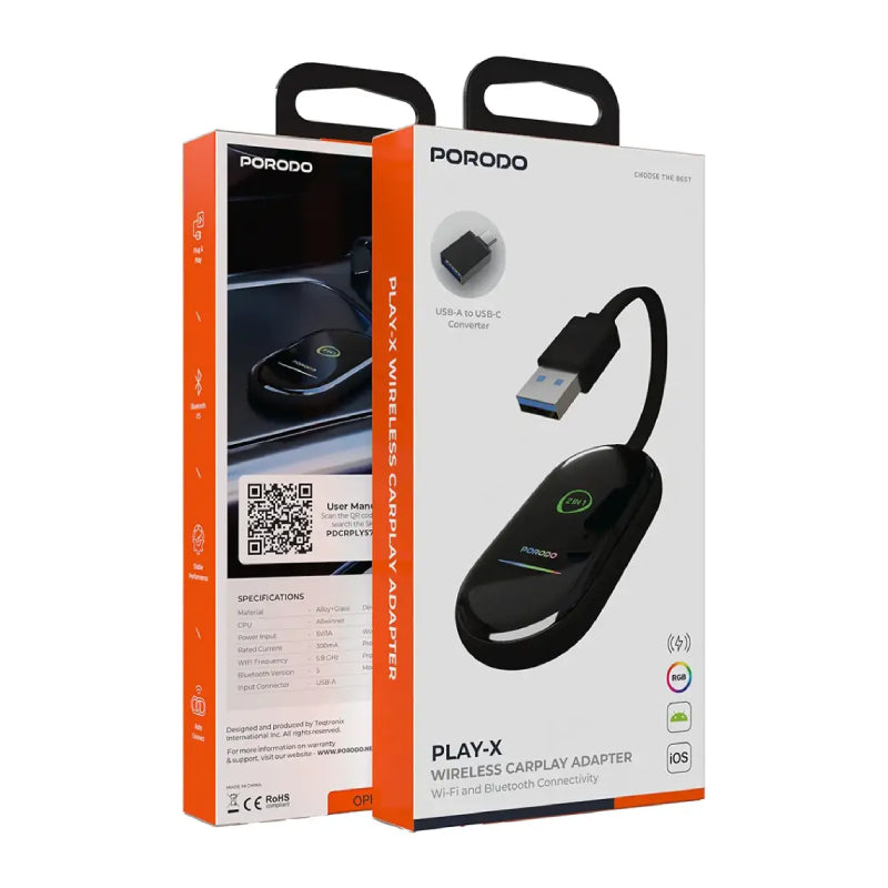 Porodo Play-X Wireless CarPlay Adapter - Wi-Fi / Bluetooth / Black