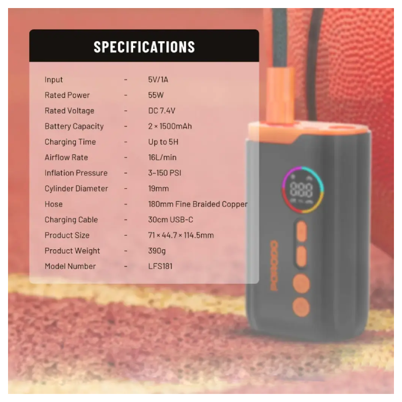 Porodo Lifestyle Electric Air Pump with High Pressure and Built-in Light - 1500mAh / 55W / Black