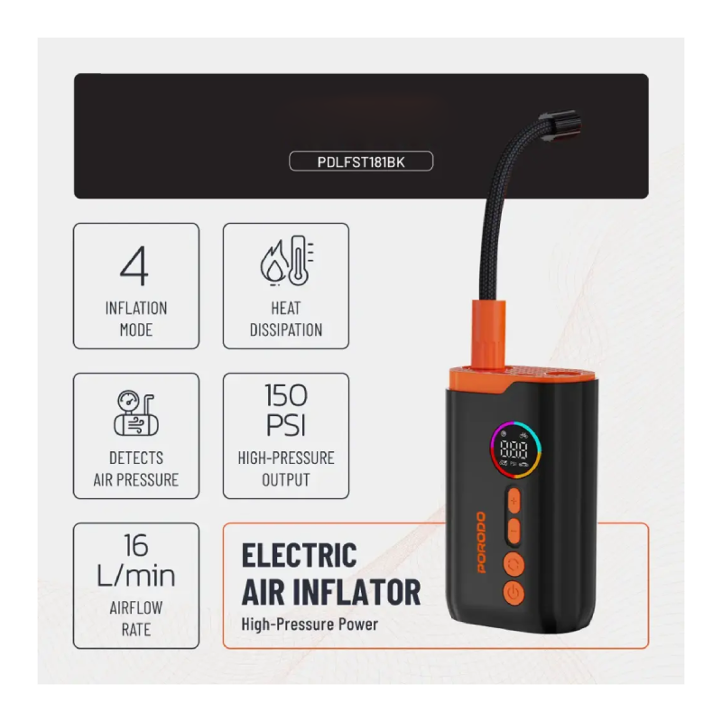 Porodo Lifestyle Electric Air Pump with High Pressure and Built-in Light - 1500mAh / 55W / Black