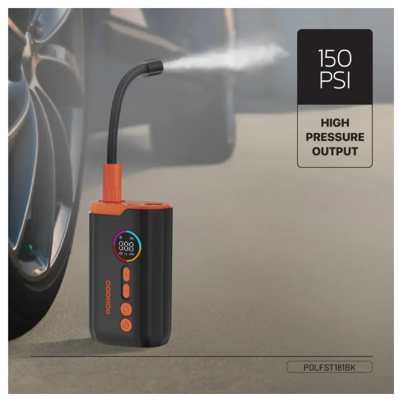 Porodo Lifestyle Electric Air Pump with High Pressure and Built-in Light - 1500mAh / 55W / Black
