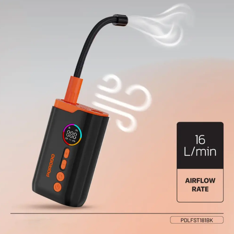 Porodo Lifestyle Electric Air Pump with High Pressure and Built-in Light - 1500mAh / 55W / Black