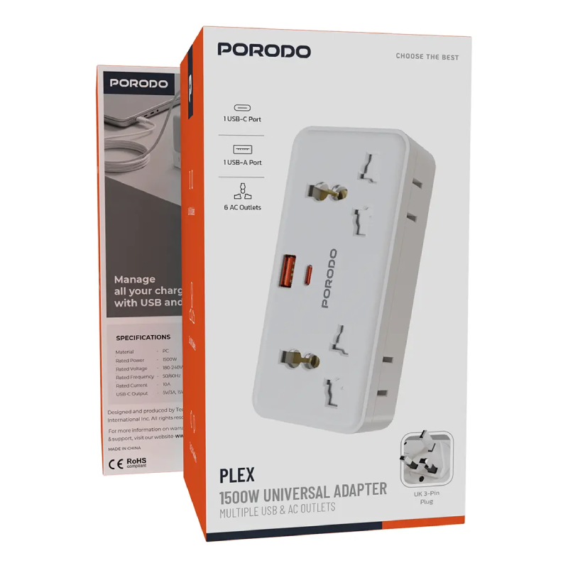 Porodo Plex Universal Inverter - 6 Way / USB-C / USB-A / 1500W /White