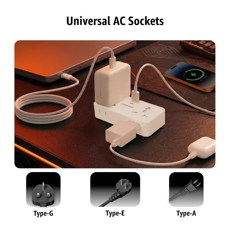 Porodo Plex Universal Inverter - 6 Way / USB-C / USB-A / 1500W /White