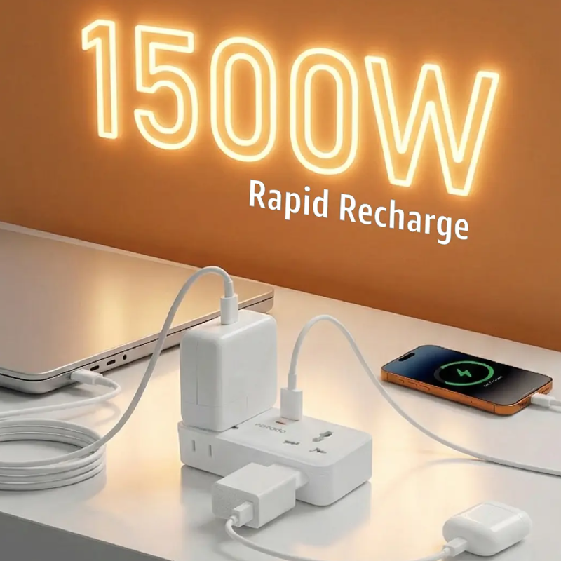 Porodo Plex Universal Inverter - 6 Way / USB-C / USB-A / 1500W /White