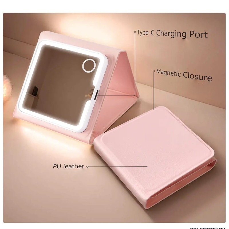 Porodo Night Triple Foldable Makeup Mirror with LED Lighting - 320mAh / Pink
