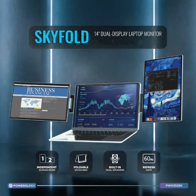 Powerology SkyFold Dual Portable Laptop Monitor - 14-inch IPS-LCD / 10ms / 60Hz / USB-C / Mini HDMI / 3.5mm audio - Monitor