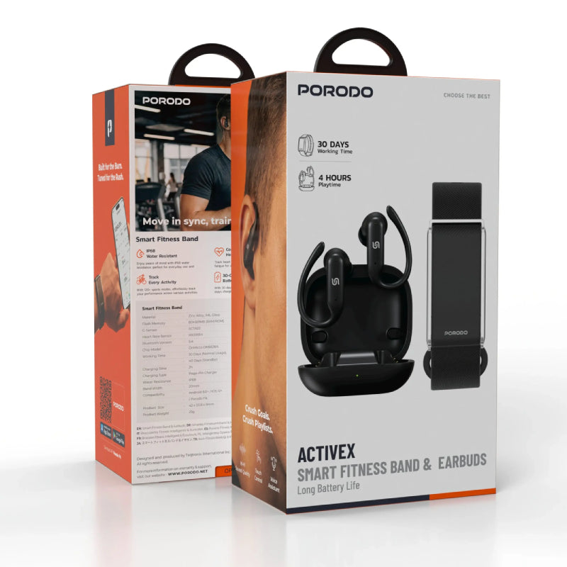 Porodo ACTIVEX Smart Fitness Band & Earbuds- Bluetooth / Black